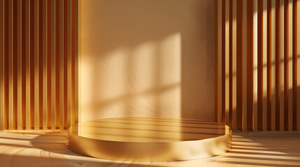 Golden pedestal with light and shadows, perfect for product display.