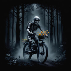 A skeleton wearing a motorcycle helmet and riding a motorcycle through a dark forest with colorful flowers in the foreground