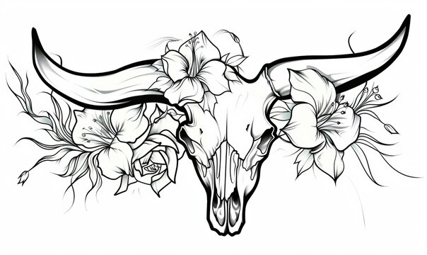 recommend clip art: Black and white modern illustration of a Texas longhorn skull with flowers. Silhouette Texas longhorn. Bull head logo icon.