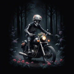 Obraz premium A skeleton wearing a motorcycle helmet and riding a motorcycle through a dark forest with colorful flowers in the foreground