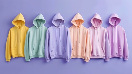 Pastel-Colored Hoodies Arranged in a Row on Purple Background, Overhead Perspective with Natural Lighting, Ideal for Product Advertising or Fashion Magazine Covers