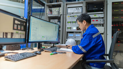 Fototapeta premium Engineer working at control room,Manager control system,Technician man monitoring program from a lot of monitor