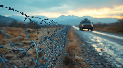 A military vehicle is driving down a dirt road next to a barbed wire fence