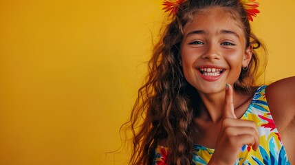 Show a teenage student girl in a fun and colorful outfit, posed against a bright yellow backdrop, playfully pointing her finger to the side