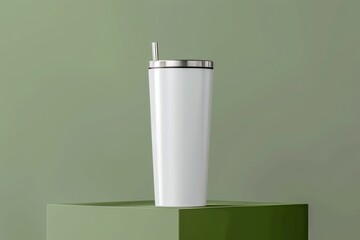 Fototapeta premium White stainless steel tumbler with straw on green background.