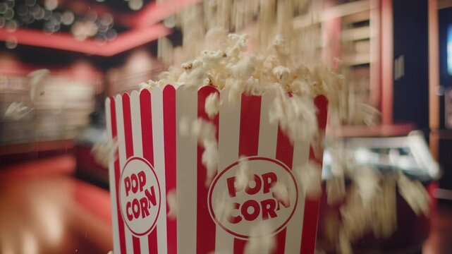 A close-up shot captures popcorn filling a basket in a cinema setting, highlighting the iconic movie-going experience with freshly popped, buttery popcorn