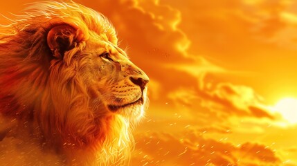 Majestic Lion in Fiery Sunset.