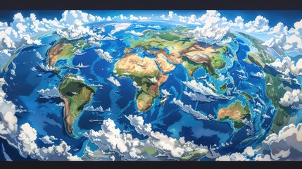 Detailed world map illustration featuring blue seas, green lands, and white clouds, offering a visually engaging global overview.