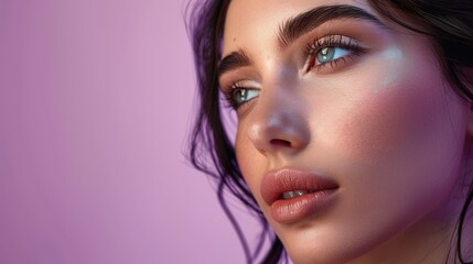 Fototapeta premium the soft and smooth skin of a woman with dark hair, against a purple background that signifies creativity and sophistication