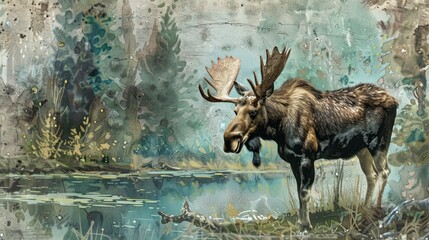 Moose in Watercolor Forest.