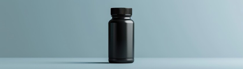 Fototapeta premium A black bottle with a white label sits on a table