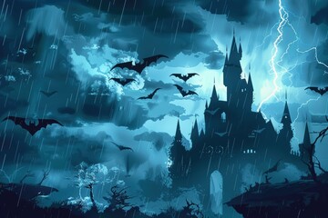 A dark, ominous castle with bats flying around, set against a stormy night sky with lightning