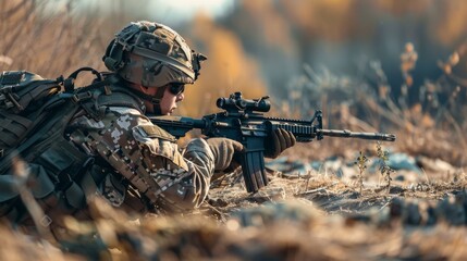 Fototapeta premium Camouflaged Soldier Aiming Rifle in Forest