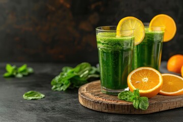 Fototapeta premium Green Smoothie with Orange and Lemon Slices