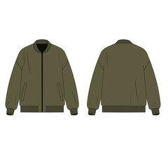 Illustration of men's khaki color khaki jacket with zipper closure. Technical drawing of bomber jacket with pockets, front and back view. Drawing of a jacket with zipper. © Iryna