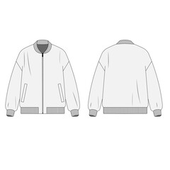 Technical drawing of a zipper jacket with pockets. Bomber jacket pattern, front and back view. Outline sketch of light jacket on white background. © Iryna