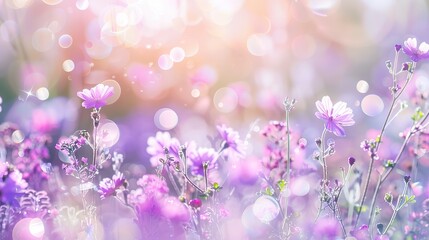 Flower meadow in delicate colors from white to lilac with mist bokeh effect front view 