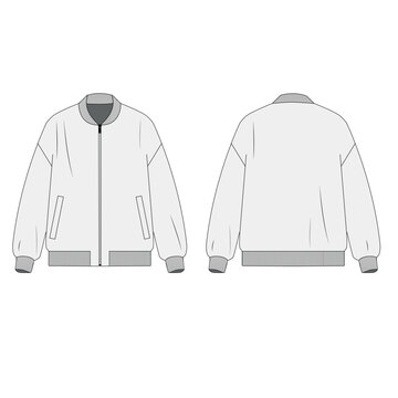 Technical drawing of zipper jacket with pockets, vector. Vector template of bomber jacket, front and back view. Outline sketch of light jacket on white background.