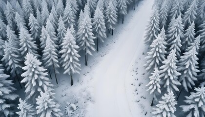 Forest in snow. Snowy forest road. Forest road from above