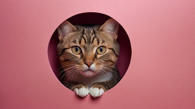 Curious Cat Looking Through Pink Wall Hole International cat day concept.