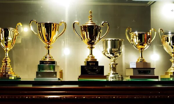 A glass case made of polished wooden elements, filled with an array of gold and silver trophies (mov)