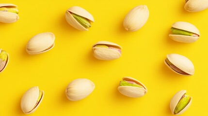 Pistachio seeds, scattered on a vibrant background, flat design illustration, high-resolution photo, realistic photo, hyper realistic
