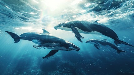 Naklejka premium Humpback Whales Swimming in Sunlight.