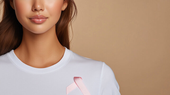 asian woman in white t-shirt with pink ribbon against beige background