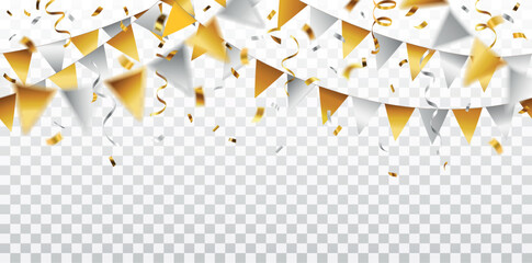 Vector decorative hanging gold and silver cofetti, streamers and garlands, party celebration decoration, seamless pattern, border or banner