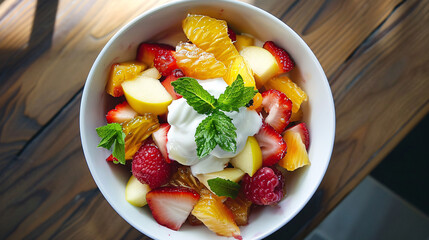 Bowl of fresh fruit salad with mint and yogurt