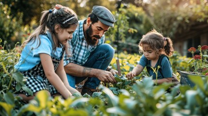 Family working together in a garden, showcasing genuine teamwork and bonding --ar 16:9 Job ID: cb446907-e4db-43cd-9003-f096fbd30d5d