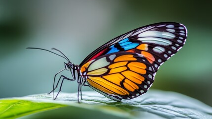 Fototapeta premium Vibrant multicolored butterfly perched on a green leaf, intricate wing patterns, detailed close-up shot, sunlight casting gentle shadows, high-resolution photo, realistic photo