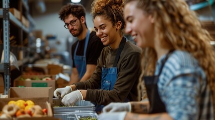 Three people in work clothes are sorting produce into boxes in a warehouse. They appear happy. - Powered by Adobe