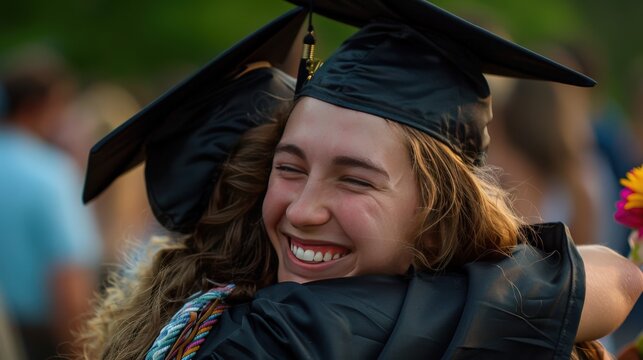 Embrace between a teacher and student at a graduation ceremony, capturing pride and accomplishment - Powered by Adobe