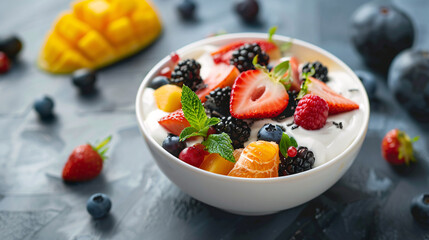 Bowl of fresh fruit salad with mint and yogurt