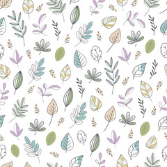 Cute and delicate seamless background pattern of leaves and twigs in flat style