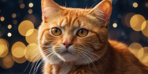 A close-up of a curious orange tabby cat with sparkling bokeh lights in the blurred background.