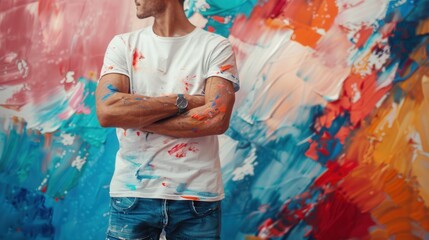 A person wearing a white shirt stained with paint, arms crossed, in front of a vibrant multicolored wall