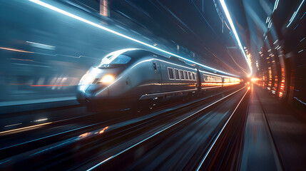 Fototapeta premium Express modern train in motion .High speed train in motion on the railway station background,generative ai