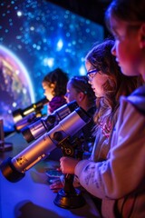 Children Learning Astronomy with Telescopes in Classroom Planetarium Setting