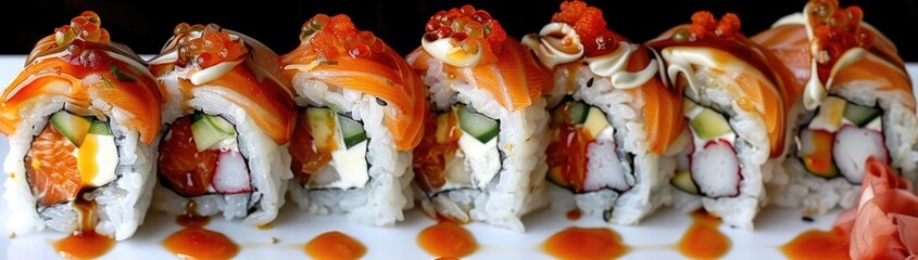 Delicious sushi rolls topped with salmon and sauces served at a dining location