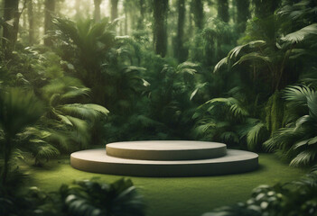 Green podium in tropical forest for product presentation and green wall