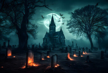 A haunting graveyard scene featuring a dark, eerie church under a full moon. Bats fly in the night sky, and glowing candles illuminate the gravestones, creating a spooky atmosphere. Halloween Concept.