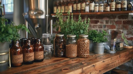 Wooden counter with jars of herbs, spices, and small bottles. Brick wall and more jars/bottles behind