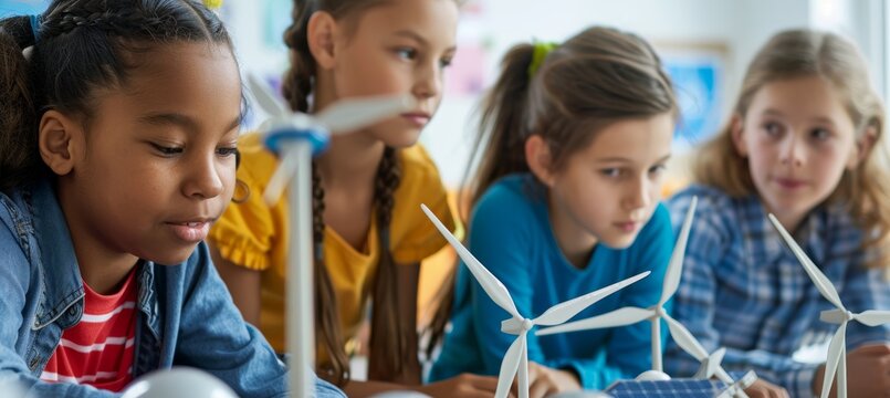 Students Engaged in Renewable Energy Learning with Wind Turbine and Solar Panel Models - Powered by Adobe