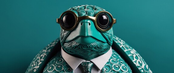 Stylish turtle in suit and glasses on teal backdrop.