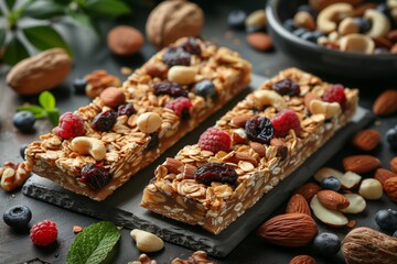 Delicious Homemade Granola Bars Topped With Nuts and Berries on a Rustic Table