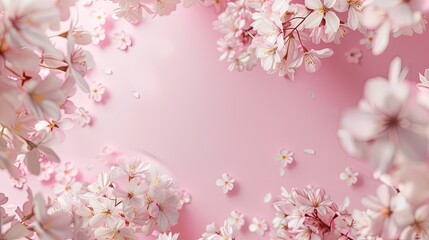 Fototapeta premium Light pink and white cherry blossoms on a 3D abstract soft pink background, leaving space for advertisements.