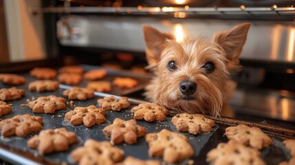 A dog is looking at cookies on a baking sheet in an oven