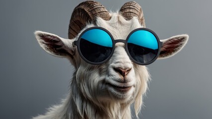goat listens to music with trendy sunglasses on a gray background.